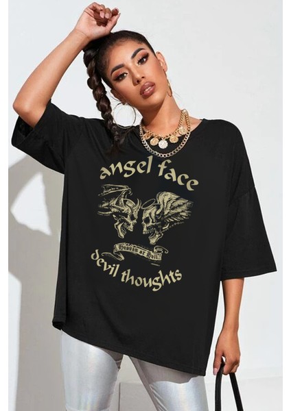 Melek Şeytan Oversize Siyah Kısa Kollu Kadın T-Shirt