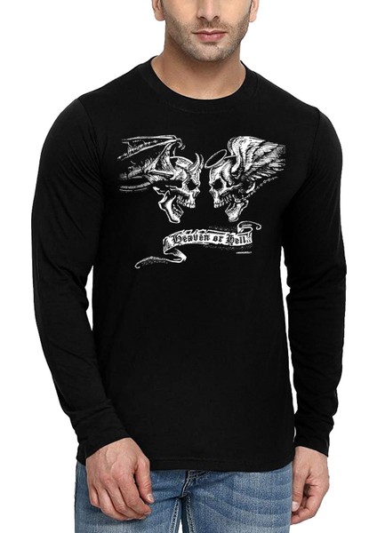 Melek Şeytan Bisiklet Yaka Siyah Uzun Kollu Penye Erkek T-Shirt