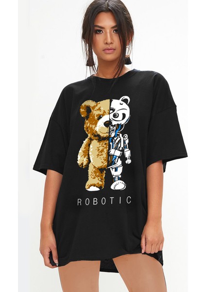 Robot Ayı Oversize Siyah Kısa Kollu Kadın T-Shirt