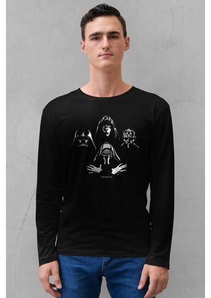 Dört Kafa Yıldız Savaşları Bisiklet Yaka Siyah Uzun Kollu Penye Erkek T-Shirt