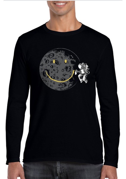 Grafitici Astronot Bisiklet Yaka Siyah Uzun Kollu Penye Erkek T-Shirt