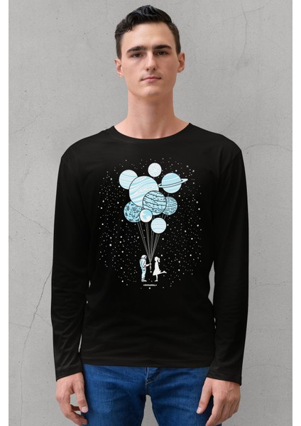 Balon Gezegenler Bisiklet Yaka Siyah Uzun Kollu Penye Erkek T-Shirt