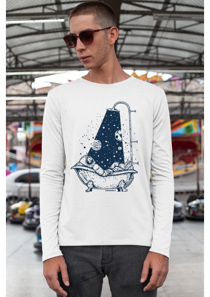 Astro Duş Bisiklet Yaka Beyaz Uzun Kollu Penye Erkek T-Shirt