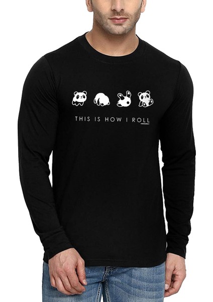 Panda Taklası Bisiklet Yaka Siyah Uzun Kollu Penye Erkek T-Shirt