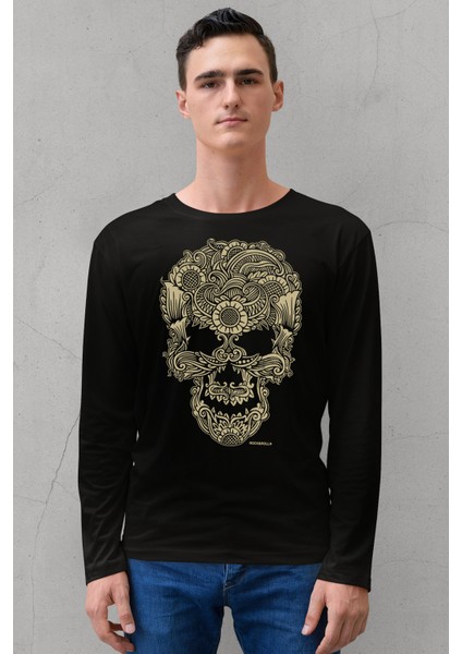 Dövme Kurukafa Bisiklet Yaka Siyah Uzun Kollu Penye Erkek T-Shirt