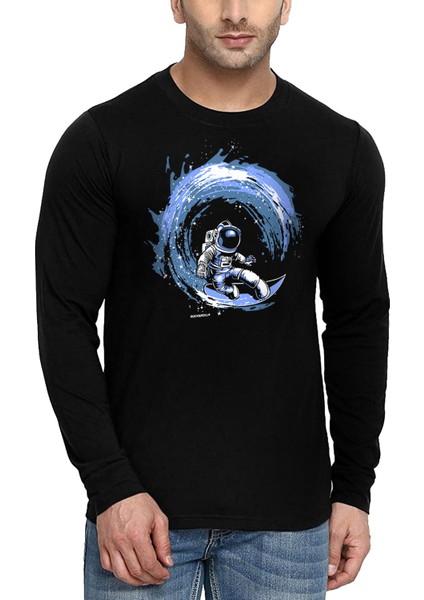 Galaktik Sörfcü Bisiklet Yaka Siyah Uzun Kollu Penye Erkek T-Shirt