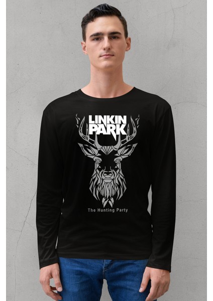 Geometrik Geyik Bisiklet Yaka Siyah Uzun Kollu Penye Erkek T-Shirt