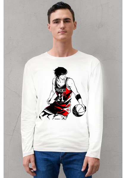 Yakışıklı Basketci Bisiklet Yaka Beyaz Uzun Kollu Penye Erkek T-Shirt