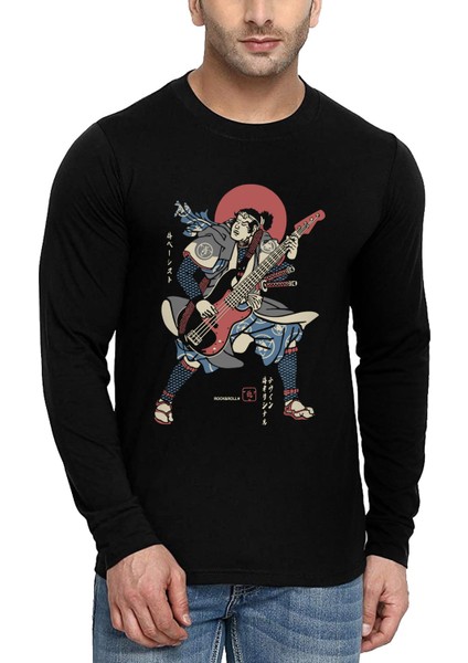 Japon Bascı Bisiklet Yaka Siyah Uzun Kollu Penye Erkek T-Shirt