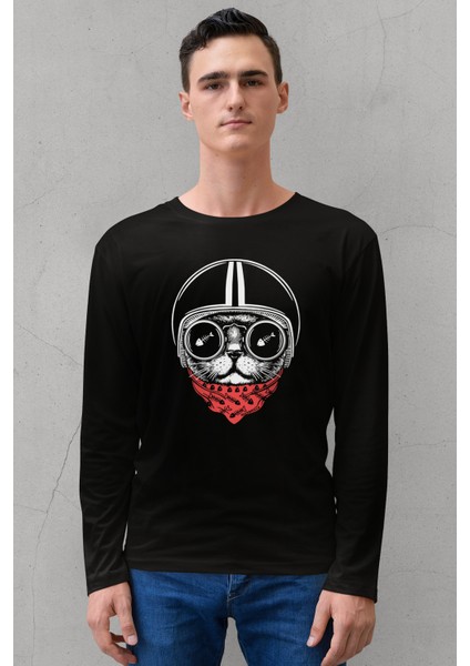Kasklı Kedi Bisiklet Yaka Siyah Uzun Kollu Penye Erkek T-Shirt