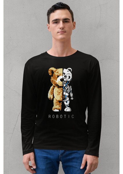 Robot Ayı Bisiklet Yaka Siyah Uzun Kollu Penye Erkek T-Shirt