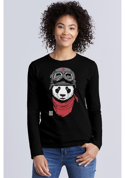 Bandanalı Panda Bisiklet Yaka Siyah Uzun Kollu Penye Kadın T-Shirt