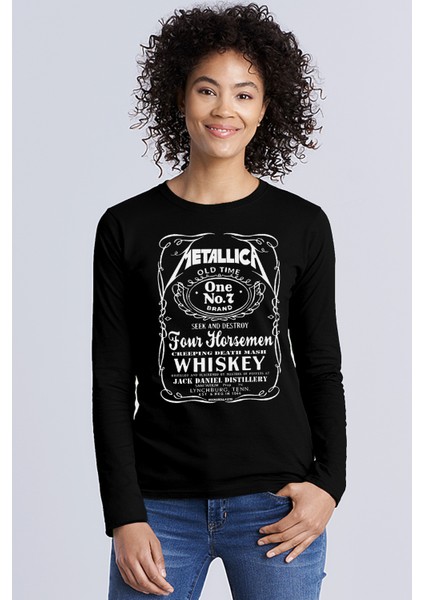 Metallica Jack Logo Bisiklet Yaka Siyah Uzun Kollu Penye Kadın T-Shirt