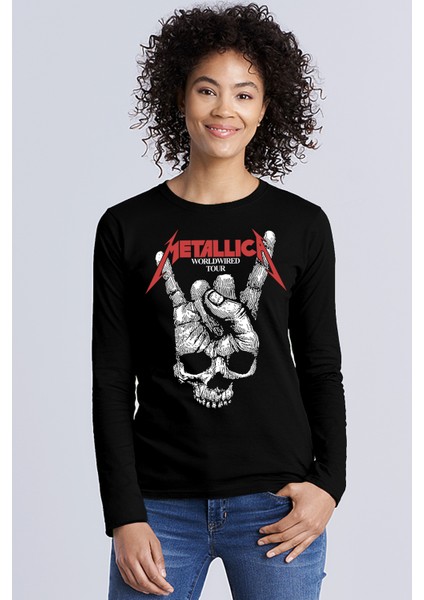 Kuru El Bisiklet Yaka Siyah Uzun Kollu Penye Kadın T-Shirt
