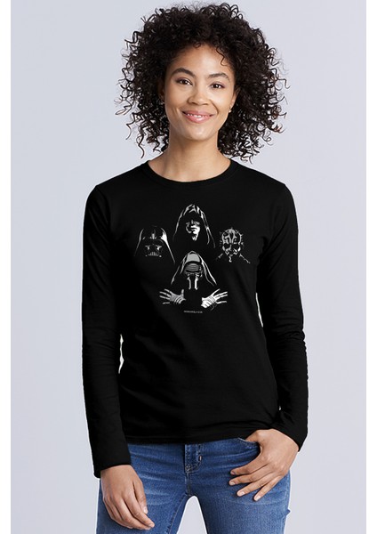 Dört Kafa Yıldız Savaşları Bisiklet Yaka Siyah Uzun Kollu Penye Kadın T-Shirt