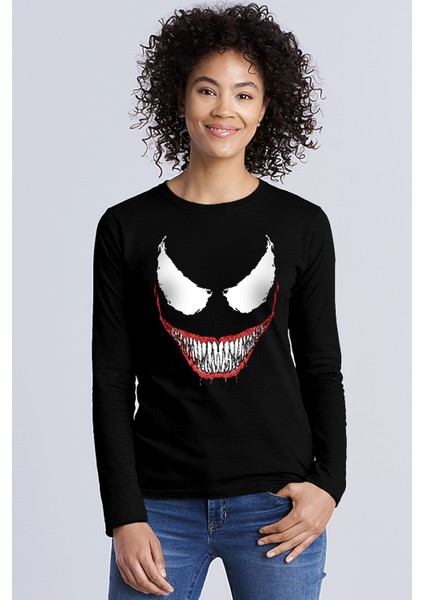 Timsah Dişler Bisiklet Yaka Siyah Uzun Kollu Penye Kadın T-Shirt