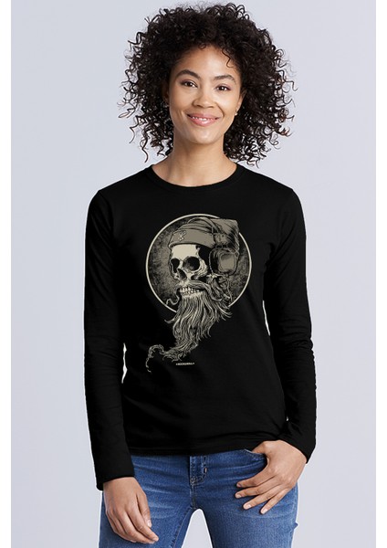 Sakallı Kurukafa Bisiklet Yaka Siyah Uzun Kollu Penye Kadın T-Shirt