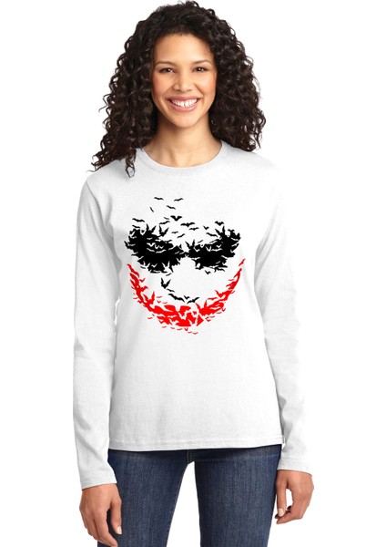 Yarasa Gülüşü Bisiklet Yaka Beyaz Uzun Kollu Penye Kadın T-Shirt