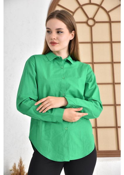 Kadın Koyu Yeşil Uzun Kol Basic Gömlek