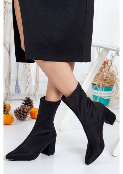 Kadın Siyah Streç Bot- Kalın Topuklu Çorap Çizme