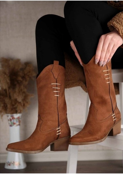 Süet Taba Sivri Burun Kadın Kovboy Bot