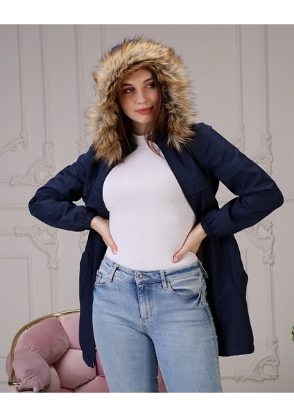 Lacivert Içi Kürkü ve Su Geçirmez Bayan Kışlık Mont&kaban fiyatları