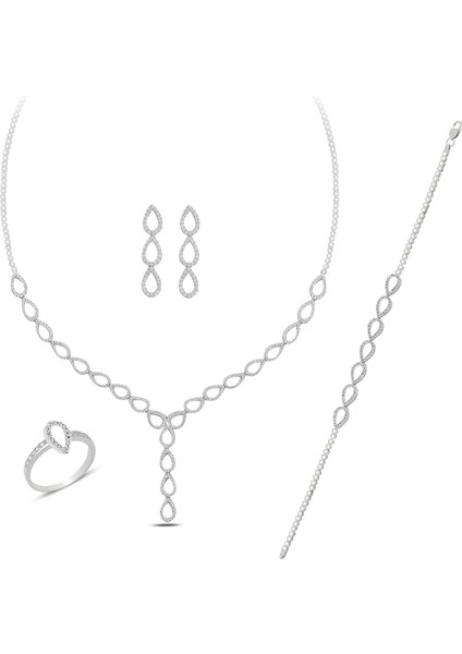 Kadın 925 Ayar Gümüş Damla Salkım Pırlanta Montür Su Yolu Set