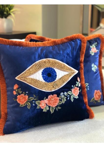 Göz Işlemeli Çiçek Nakışlı Lacivert Kadife Yastık Kılıfı fiyatları