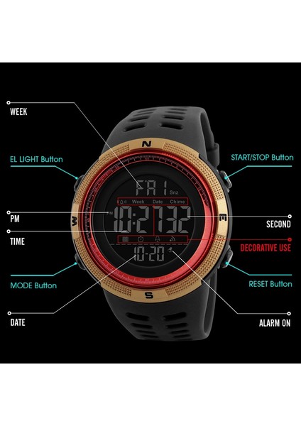 Skmeı 1251 50M Su Geçirmez Spor Watch Dijital Izle (Siyah Kırmızı) (Yurt Dışından)