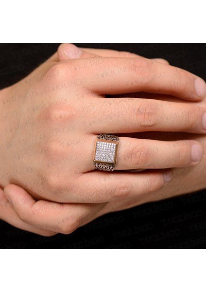 Beyaz Mikro Zirkon Taşlı Vintage Osmanlı Motifli Usta Işi Gümüş Erkek Yüzük modelleri