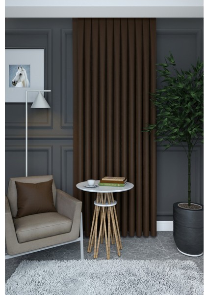Kahverengi Düz Renk Pileli Petek Dokulu Fon Perde, 1/2,5 Normal Pile, Tek Kanat 50 x 240 cm cm