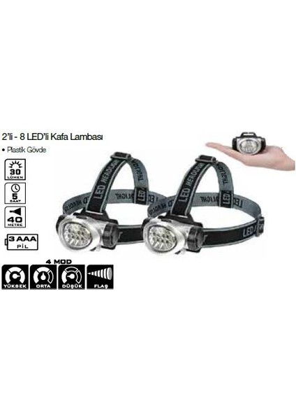 Lightorch LT03100 Kafa Lambası 8 LED 30 Lümen (2'li Paket)