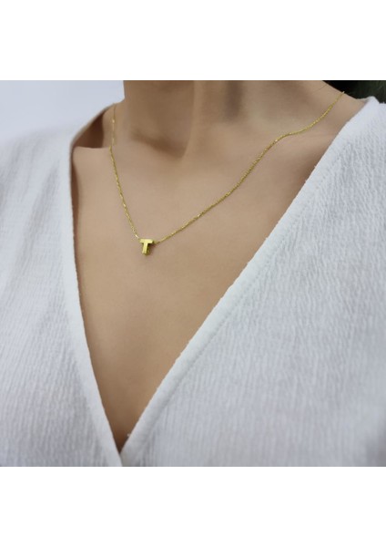 Kadın Üç Boyutlu T Harf Altın Kaplama 925 Ayar Gümüş Kolye