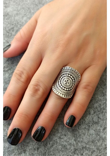 Antik Gümüş Kaplama Otantik Şekilli El Yapımı Ayarlanabilir Yüzük