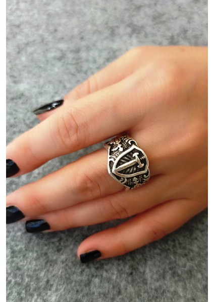 Antik Gümüş Kaplama Kılıçlı Kalkan Şekilli El Yapımı Ayarlanabilir Yüzük fırsatları