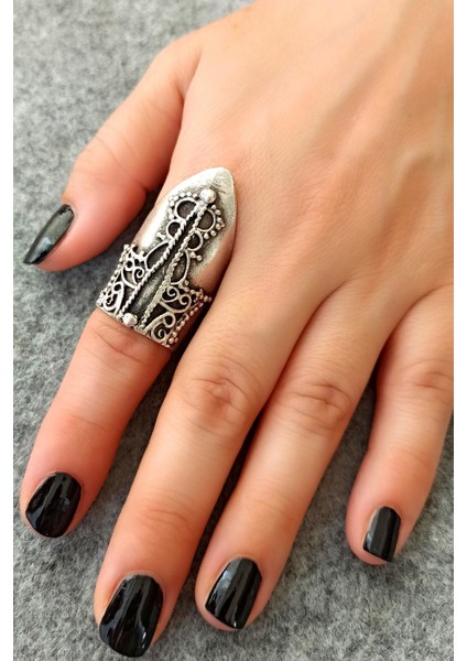 Antik Gümüş Kaplama Kral Tacı Şekilli El Yapımı Ayarlanabilir Yüzük