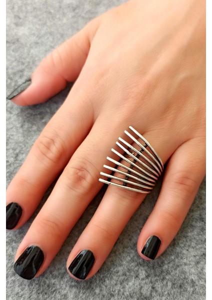 Antik Gümüş Kaplama Çubuklar Şekilli El Yapımı Ayarlanabilir Yüzük