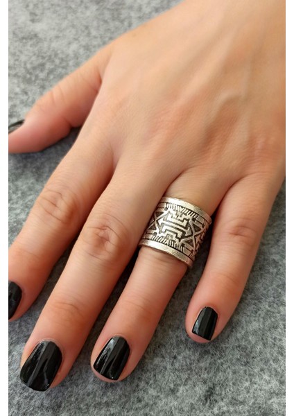 Antik Gümüş Kaplama Motif Şekilli El Yapımı Ayarlanabilir Yüzük