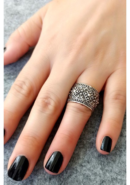 Antik Gümüş Kaplama Motif Şekilli El Yapımı Ayarlanabilir Yüzük