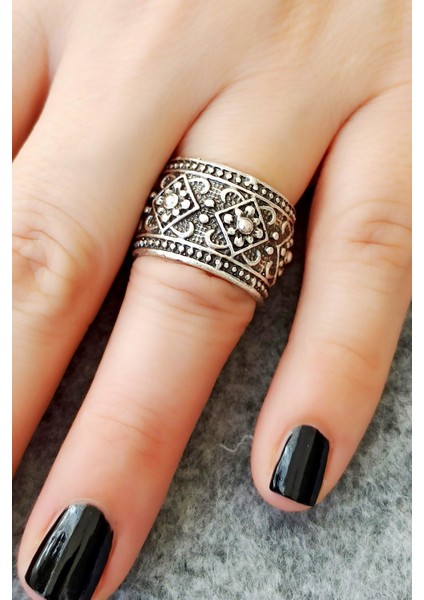 Antik Gümüş Kaplama Motif Şekilli El Yapımı Ayarlanabilir Yüzük fiyatları