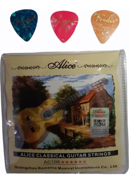 AC106 Klasik Gitar Takım Tel Classical Guitar Strings + 3 Fender Pena