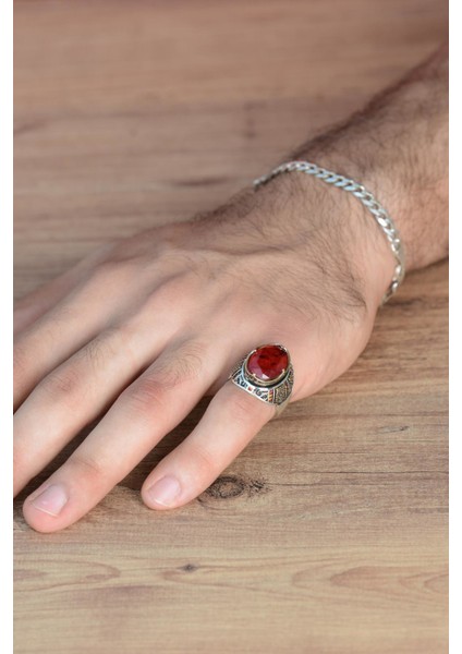 Kırmızı Zirkon Topaz Taşlı Yanı Figür ve Taş Işlemeli Erkek Gümüş Yüzük fiyatları
