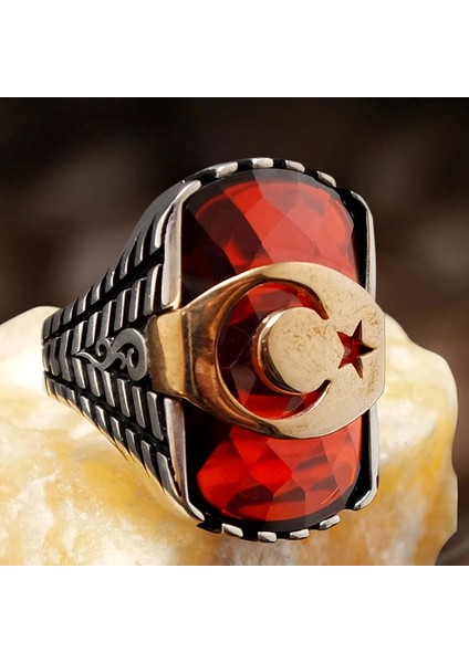 Kırmızı Zirkon Taşlı Ayyıldızlı Erkek Gümüş Yüzük