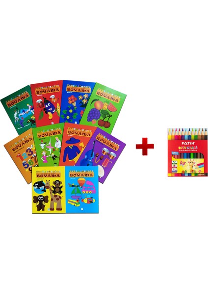 Çocuklar Için Renkli Kalemli Boyama Seti - ( 10 Boyama Kitabı + Fatih 12'li Küçük Boy Boya Kalemi )