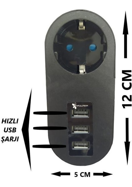 Fultech Ftr-07 Akım Korumalı 2,1A 3 USB Li Çocuk Korumalı Fiş Priz Siyah