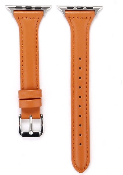 Apple Watch Uyumlu Series 4 5 42MM Kordon Deri Kordon Renkli Ince Tasarım Krd 28 Turuncu