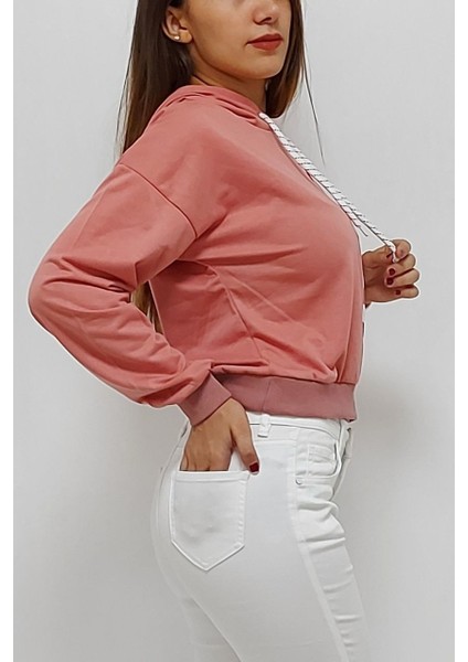 Kapüşonlu Kare Desenli Sweatshirt Pudra