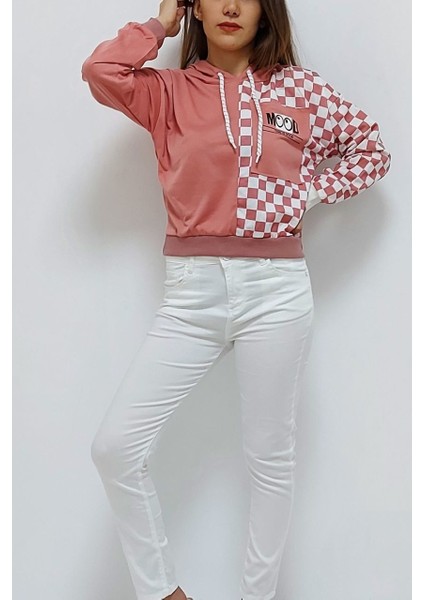 Kapüşonlu Kare Desenli Sweatshirt Pudra