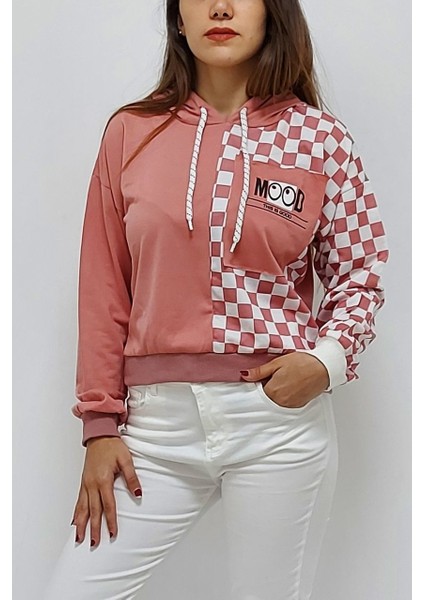 Kapüşonlu Kare Desenli Sweatshirt Pudra