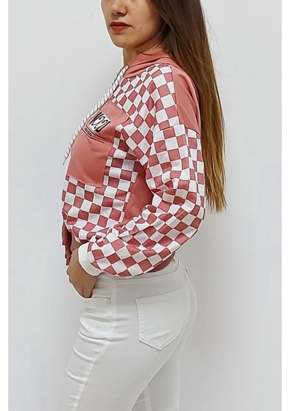 Kapüşonlu Kare Desenli Sweatshirt Pudra